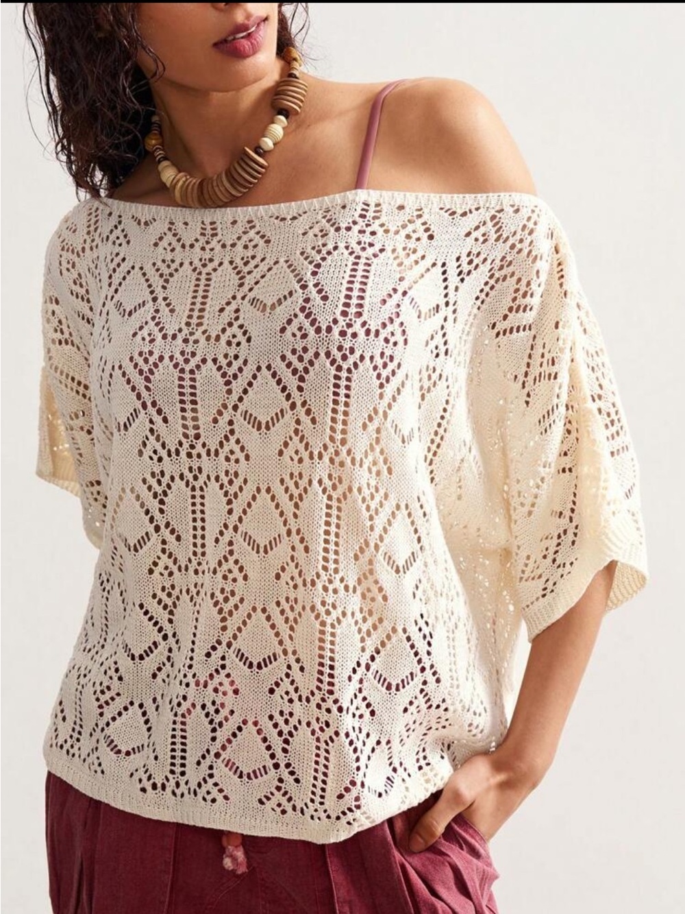 Open-Knit Cream Women’s Sweater - Lightweight Crochet Pullover - Picture 4 of 4